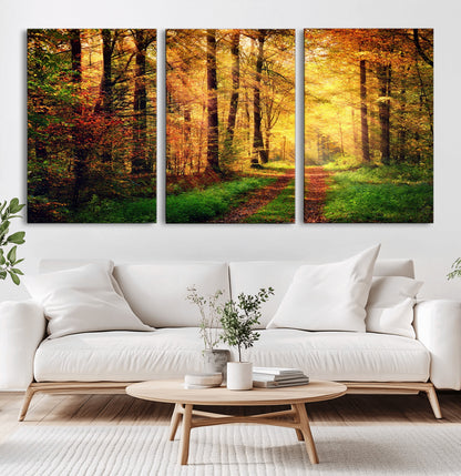 73494-MGV-CV-36X24-Golden Autumn Forest Path Wall Art – Sunlit Woodland Canvas Print, Fall Nature Landscape Home Decor