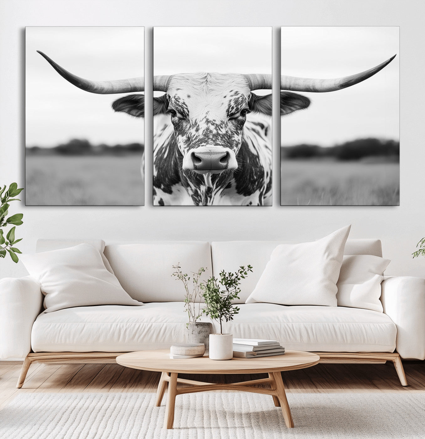 Capture the strength and elegance of nature with this striking black and white portrait of a longhorn cow. Its powerful presence makes a bold statement in any room.