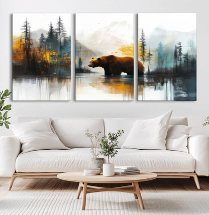 A majestic bear stands by the serene waters of a misty forest, surrounded by towering trees and distant mountains, evoking the raw beauty and wild spirit of nature.