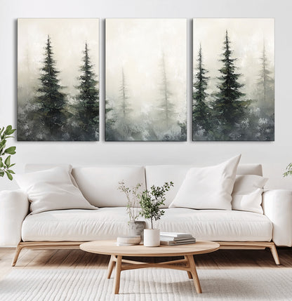 Soft and misty pine forest painting in neutral earthy tones, ideal for calm woodland or minimalist rustic home decor.