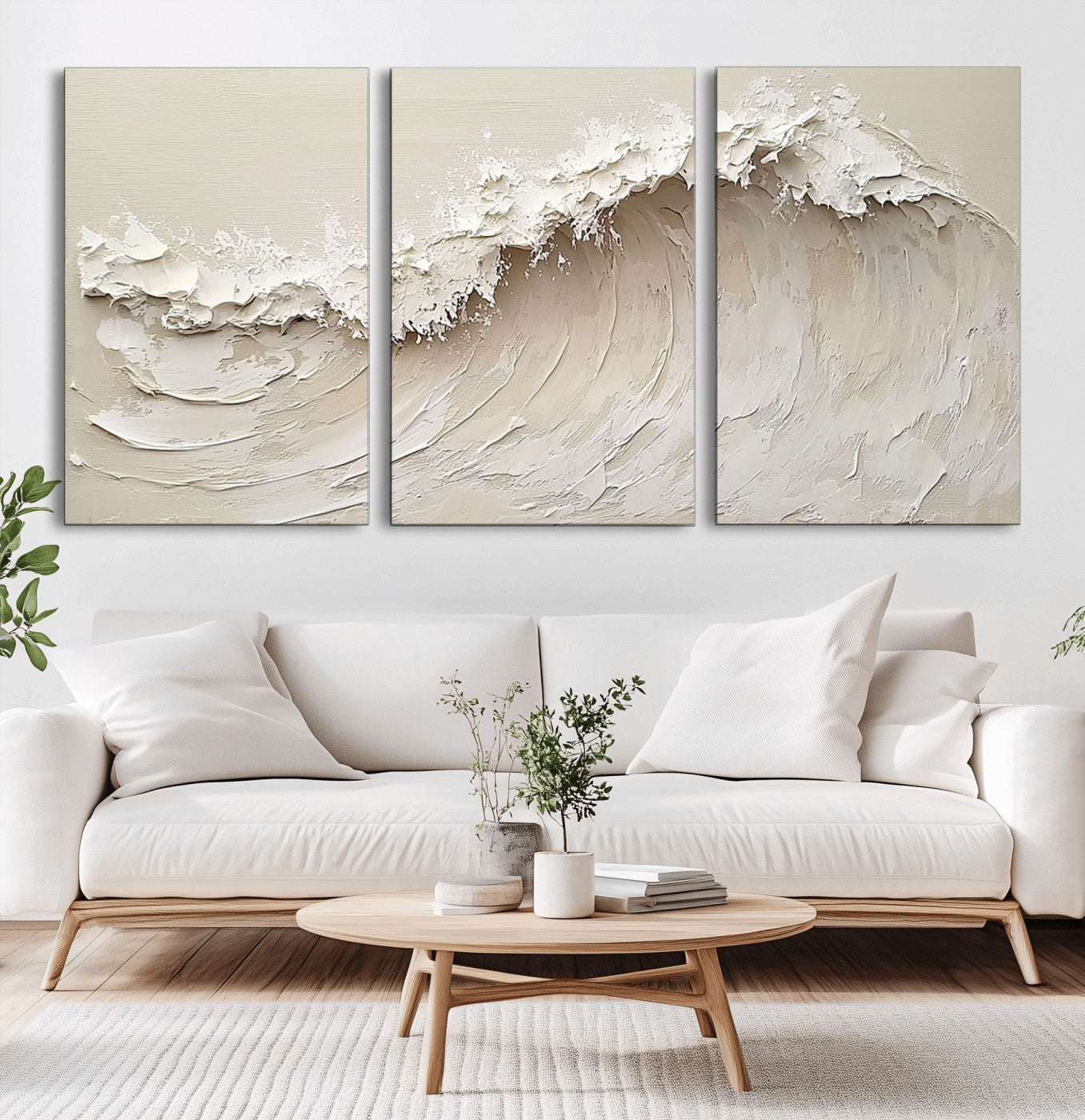 Textured canvas of an abstract white ocean wave in neutral tones, ideal for modern coastal or minimalist home decor.