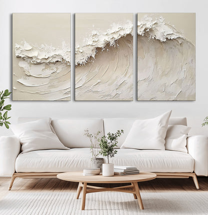 Textured canvas of an abstract white ocean wave in neutral tones, ideal for modern coastal or minimalist home decor.