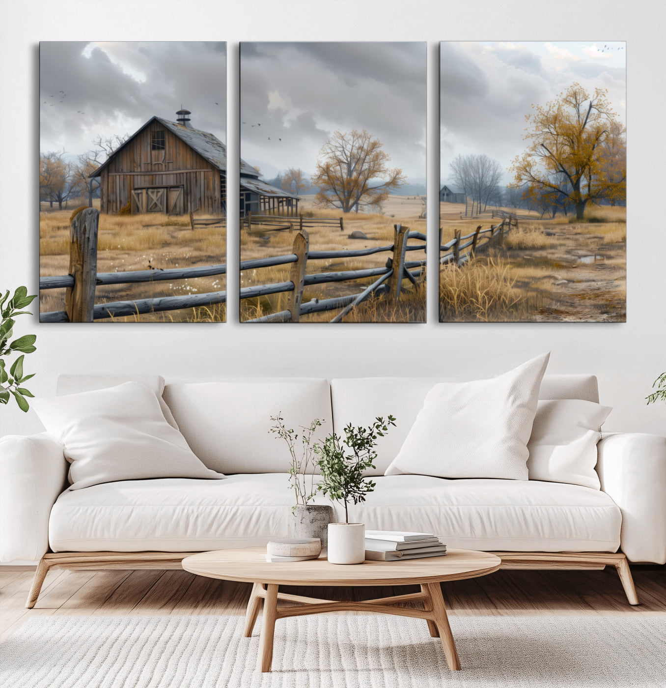 A tranquil rural scene featuring a rustic barn, overcast skies, and golden fields with scattered trees, evoking a sense of peaceful solitude in nature.
