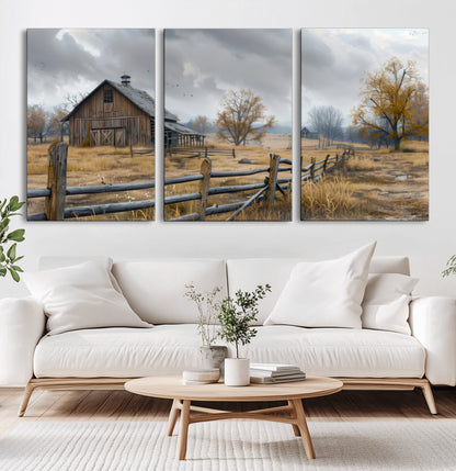 A tranquil rural scene featuring a rustic barn, overcast skies, and golden fields with scattered trees, evoking a sense of peaceful solitude in nature.