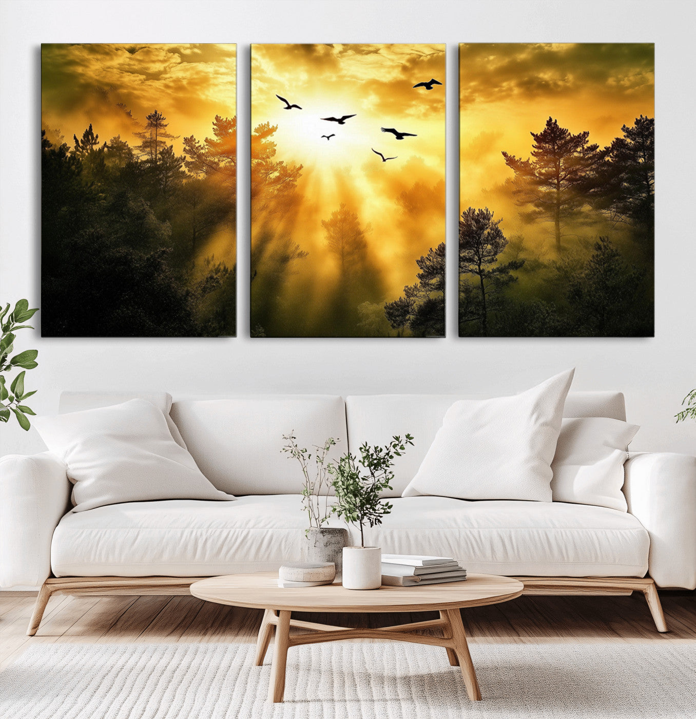 Canvas of a golden forest at sunset with birds flying through glowing sunbeams and silhouetted pine trees, ideal for warm-toned rustic decor.