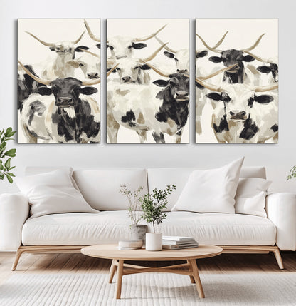 Canvas of a Texas Longhorn cattle herd in neutral black and white tones, ideal for rustic farmhouse or western-themed decor.