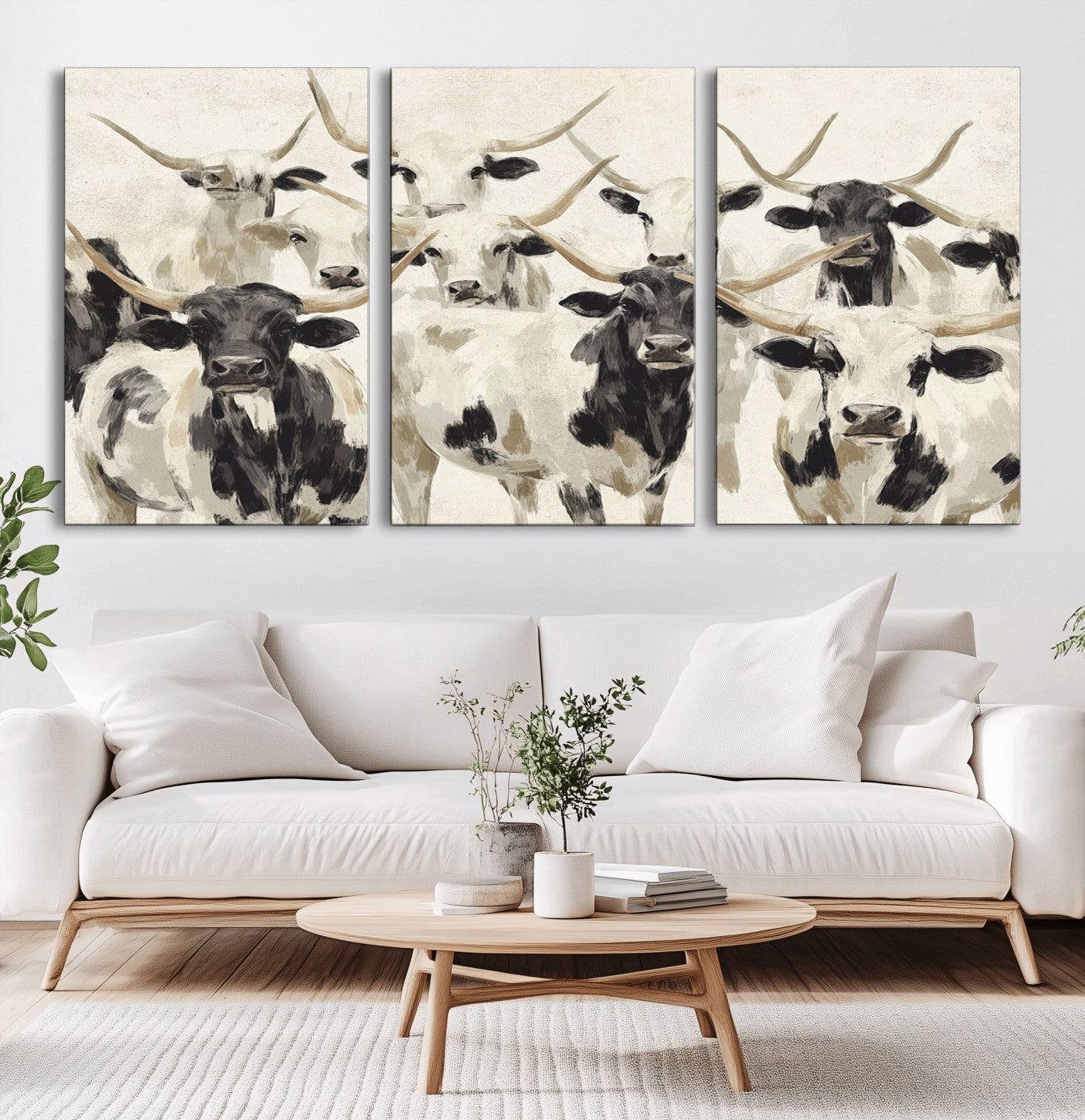 Canvas of a Texas Longhorn cattle herd in neutral black and white tones, ideal for rustic farmhouse or western-themed decor.