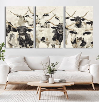 Canvas of a Texas Longhorn cattle herd in neutral black and white tones, ideal for rustic farmhouse or western-themed decor.