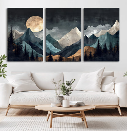 Stylized canvas of layered mountains under a full moon in neutral moody tones, ideal for nature-inspired or modern rustic interiors.