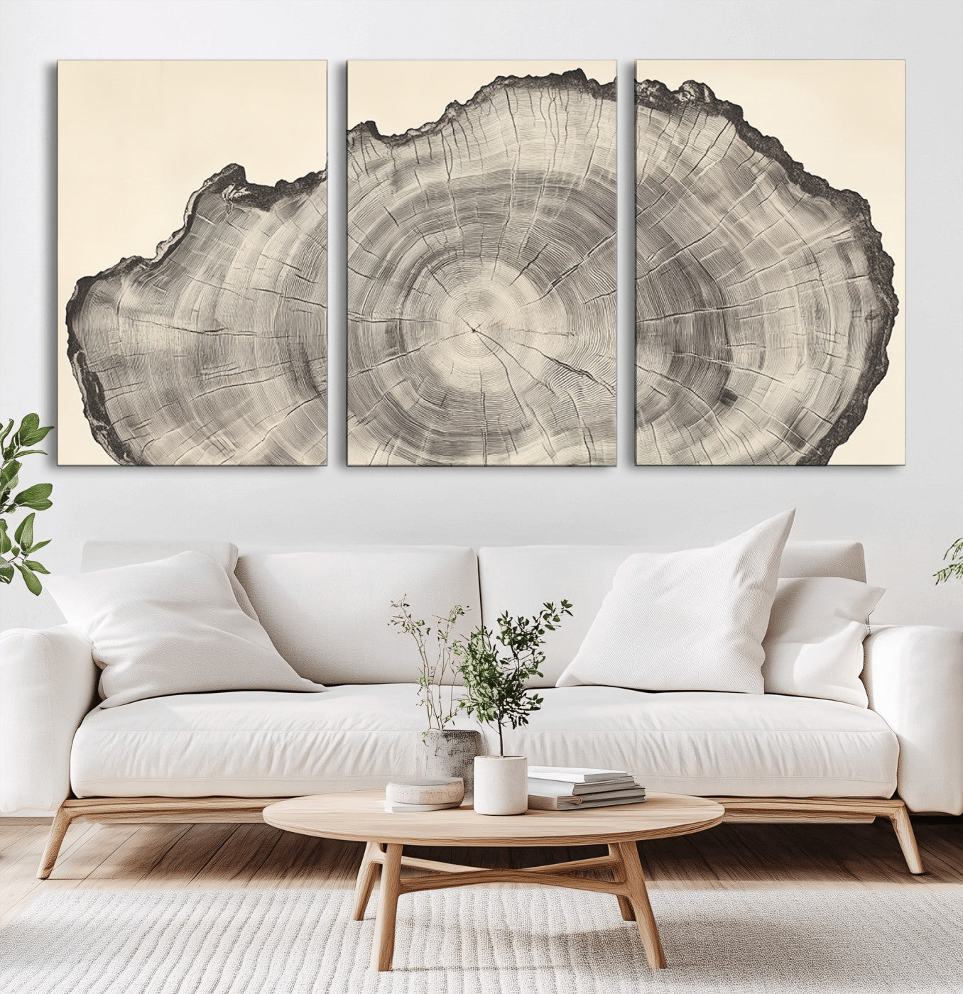 Detailed tree ring drawing in monochrome tones, ideal for rustic or nature-inspired interiors with a minimal decor aesthetic.