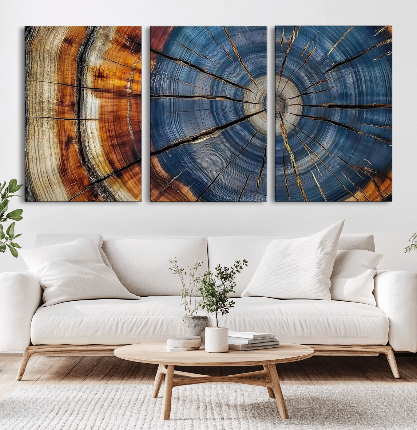A stunning close-up view of a tree trunk, showcasing the intricate growth rings in a vibrant mix of warm browns, cool blues, and hints of natural texture.