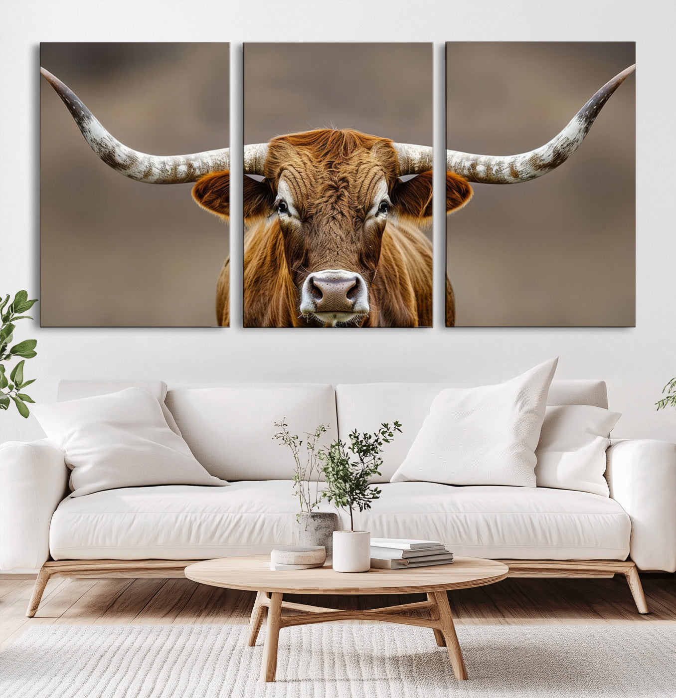 Close-up of a Texas Longhorn with strong curved horns and warm brown tones, perfect for rustic or western-style wall decor.