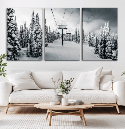Canvas of a snowy ski lift scene through a forest of tall pine trees, ideal for moody winter or alpine-themed home decor.