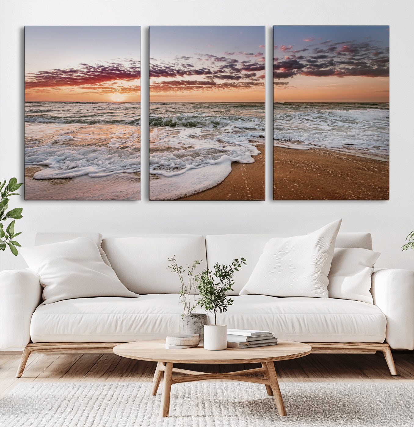 Canvas of a sunset over a foamy ocean shore with warm light and gentle waves, ideal for coastal or beach-themed home decor.