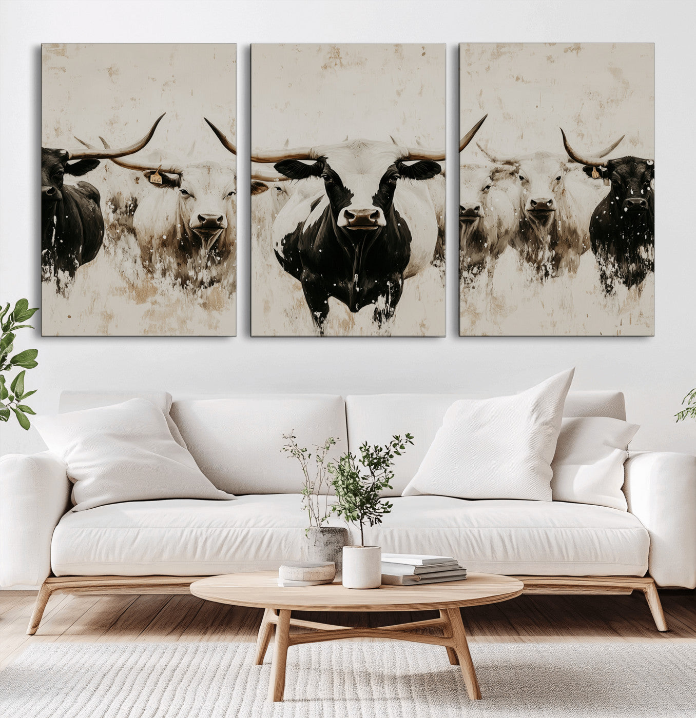 Illustrated herd of longhorn cattle in black and white tones with a neutral textured background, perfect for rustic or farmhouse-style decor.