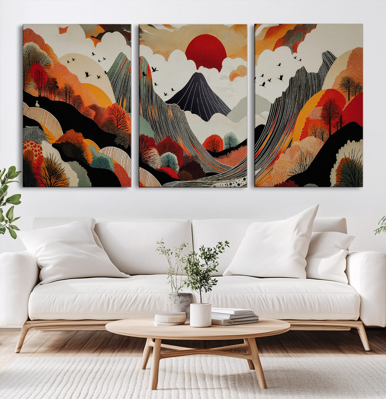 Abstract Mountain Wall Art Canvas Print, Vibrant Landscape Print, Framed Stylized Nature Drawing Art Print, Large Sunset Mountains Printing Perfect for Contemporary Minimalist Decor