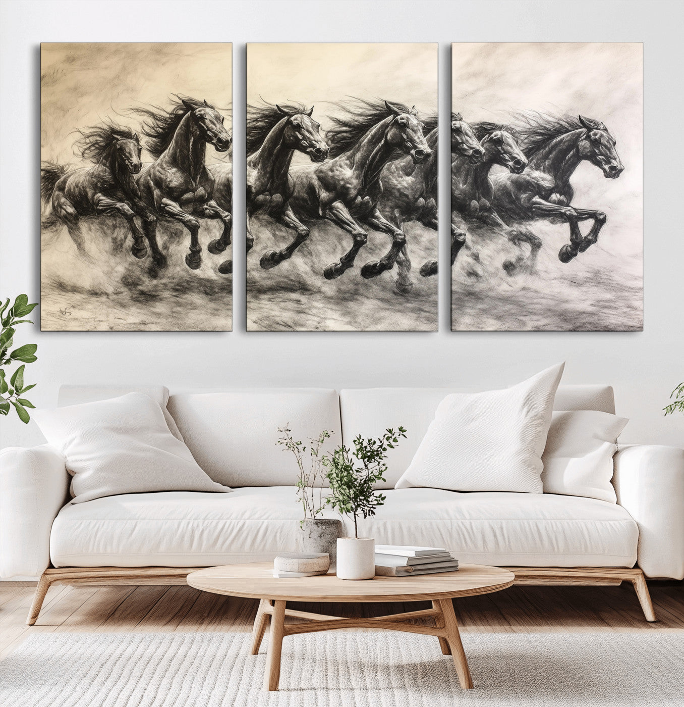 Monochrome drawing of a herd of galloping horses, perfect for dynamic and wild-themed decor in any equestrian or nature-inspired room.