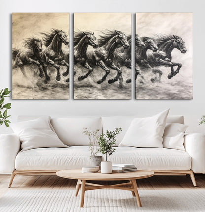 Monochrome drawing of a herd of galloping horses, perfect for dynamic and wild-themed decor in any equestrian or nature-inspired room.