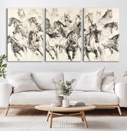 Monochrome ink sketch of galloping horses in dynamic motion, perfect for western or equine-themed wall decor with bold artistic energy.
