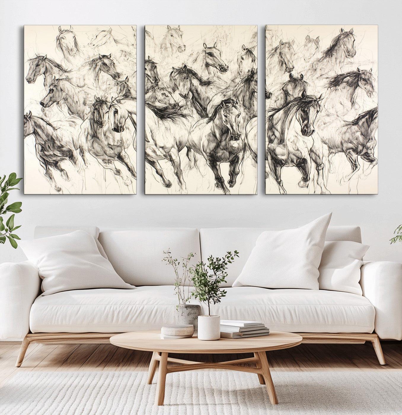 Monochrome ink sketch of galloping horses in dynamic motion, perfect for western or equine-themed wall decor with bold artistic energy.