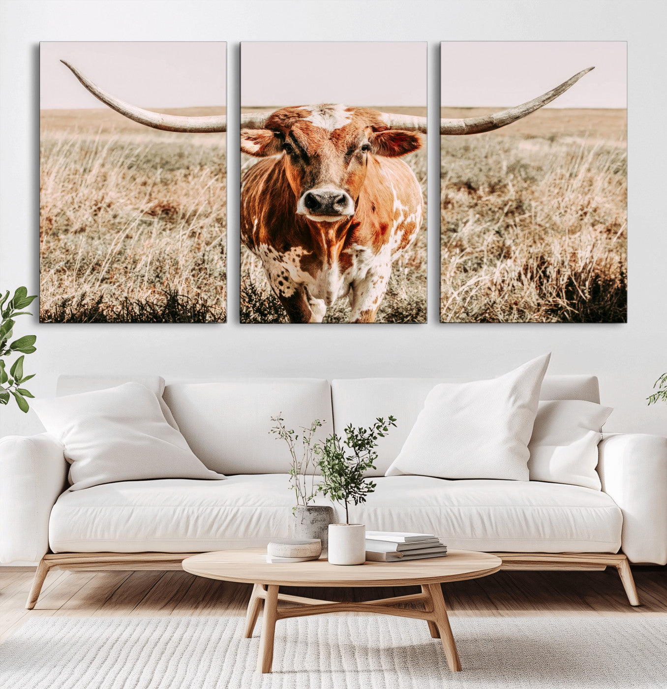 Framed longhorn cow canvas wall art with rustic prairie background, western animal print perfect for farmhouse or ranch style decor