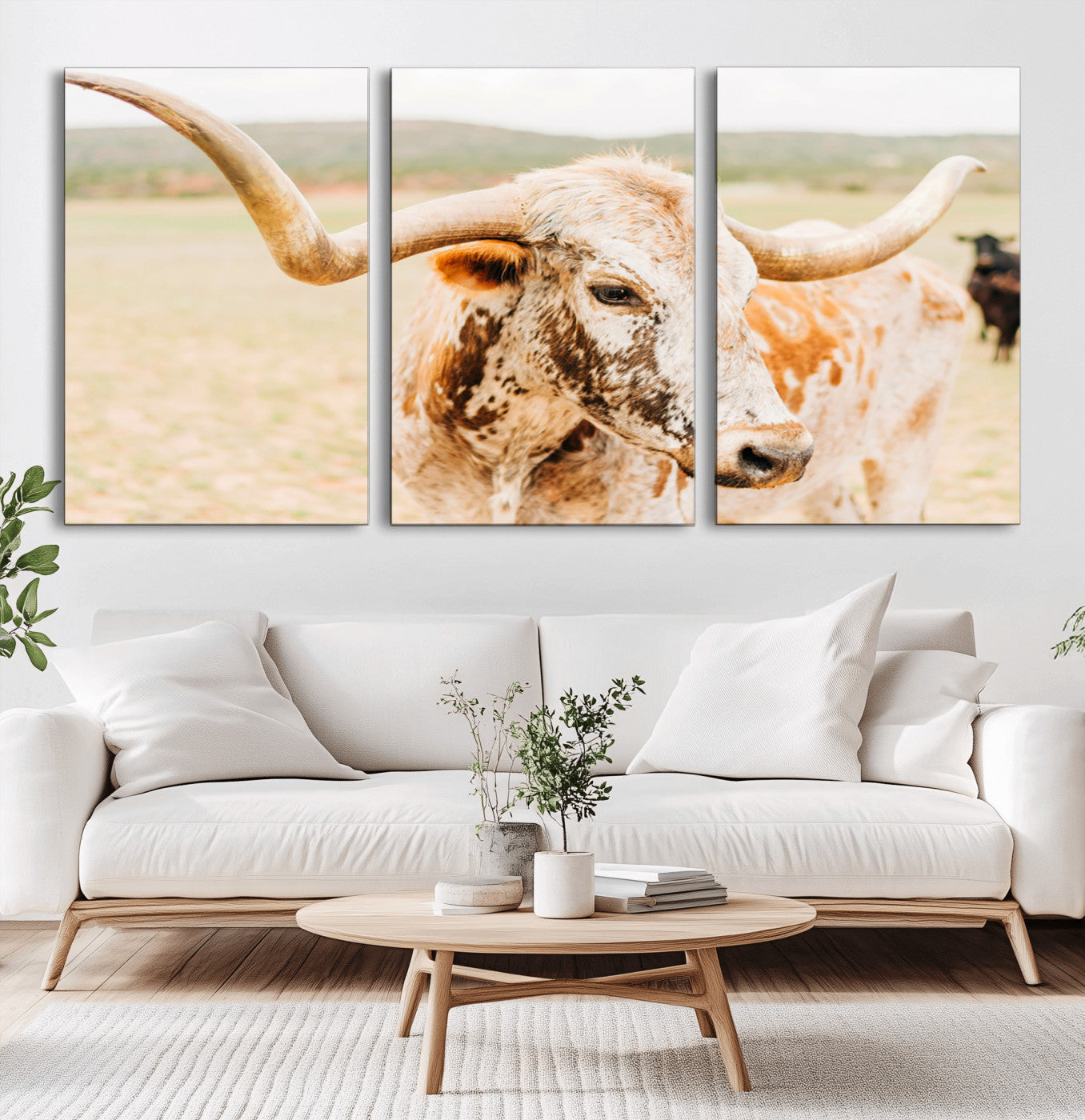 Close-up of a speckled Texas Longhorn in warm prairie tones, perfect for rustic western or countryside-themed room decor.