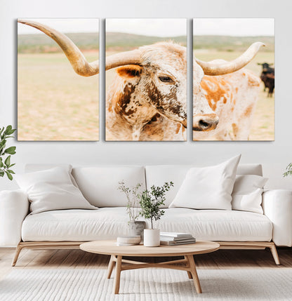 Close-up of a speckled Texas Longhorn in warm prairie tones, perfect for rustic western or countryside-themed room decor.