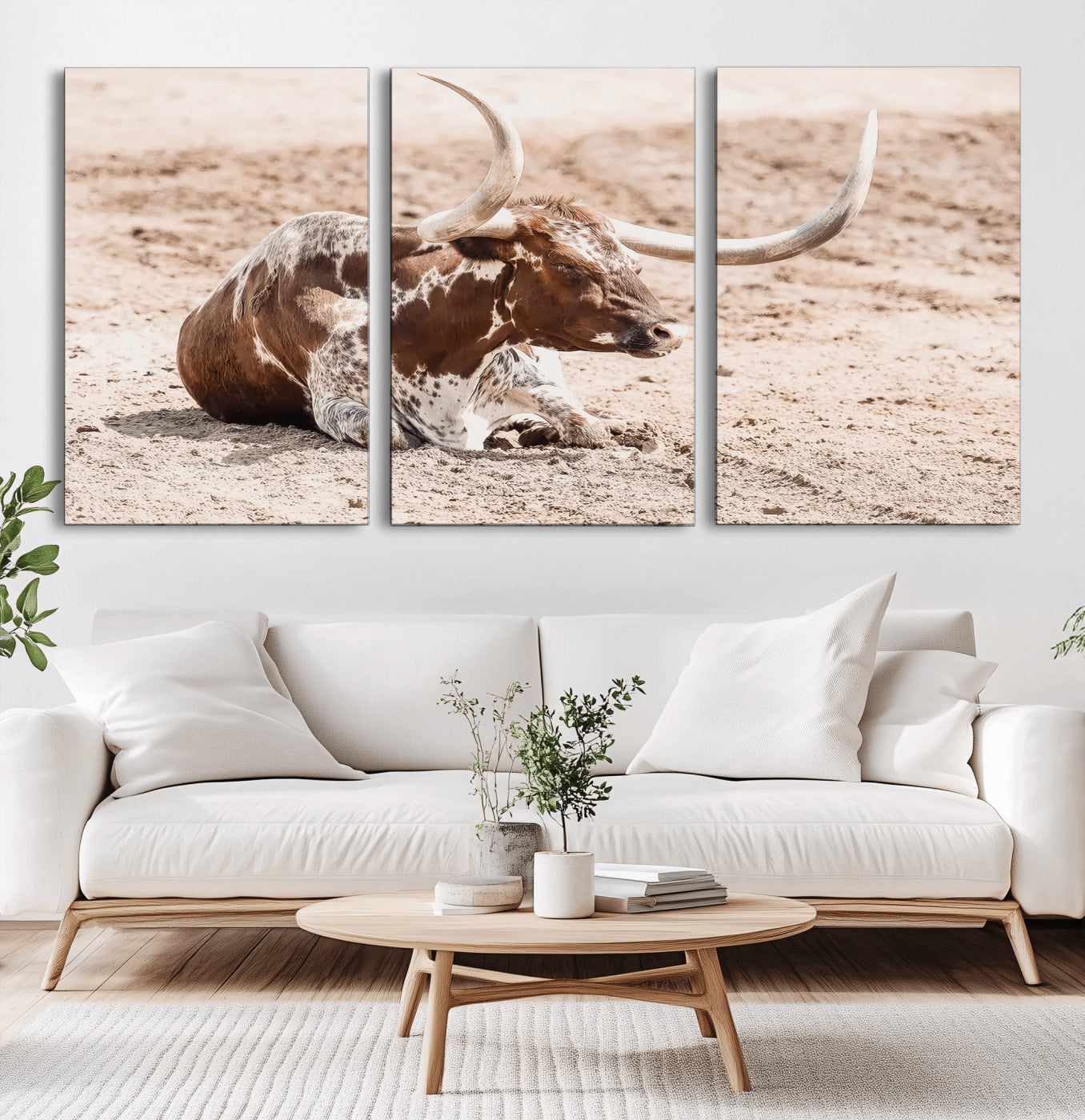 Texas Longhorn bull resting on dusty ground with warm tones, ideal for rustic western or farmhouse-themed wall decor.