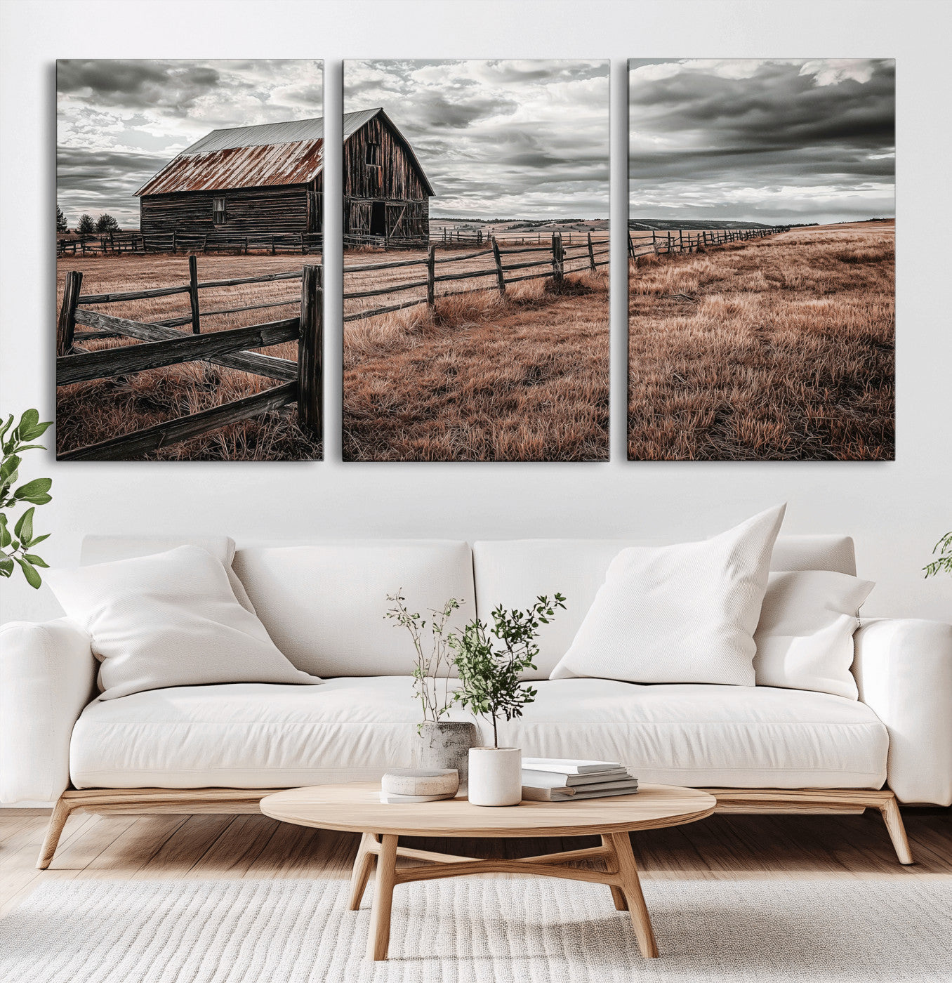 Framed canvas of a rustic barn under a moody sky with weathered fence and dark fields, ideal for farmhouse or rural-style wall decor.