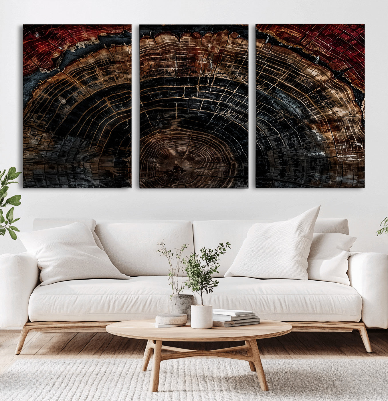 Dark Wood Wall Art Print - Petrified Tree Canvas Print, featuring an intricate tree ring pattern with deep earthy tones and organic textures, perfect for rustic and nature-inspired decor.