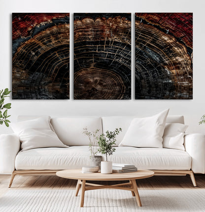 Dark Wood Wall Art Print - Petrified Tree Canvas Print, featuring an intricate tree ring pattern with deep earthy tones and organic textures, perfect for rustic and nature-inspired decor.