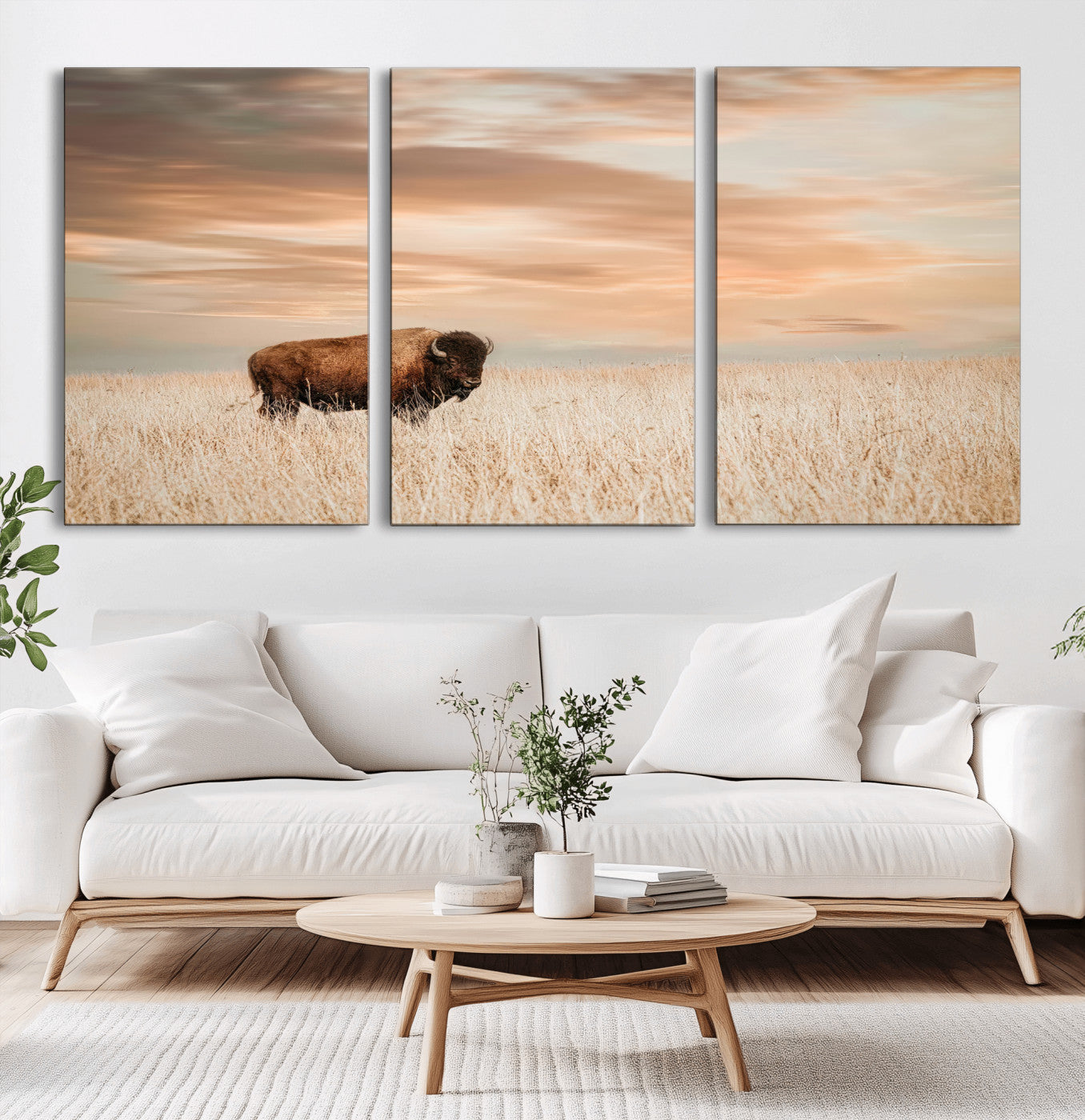 Bison Wall Art Print - Buffalo Canvas Print, featuring a lone bison in a golden prairie under a warm sunset sky, perfect for rustic and farmhouse decor.