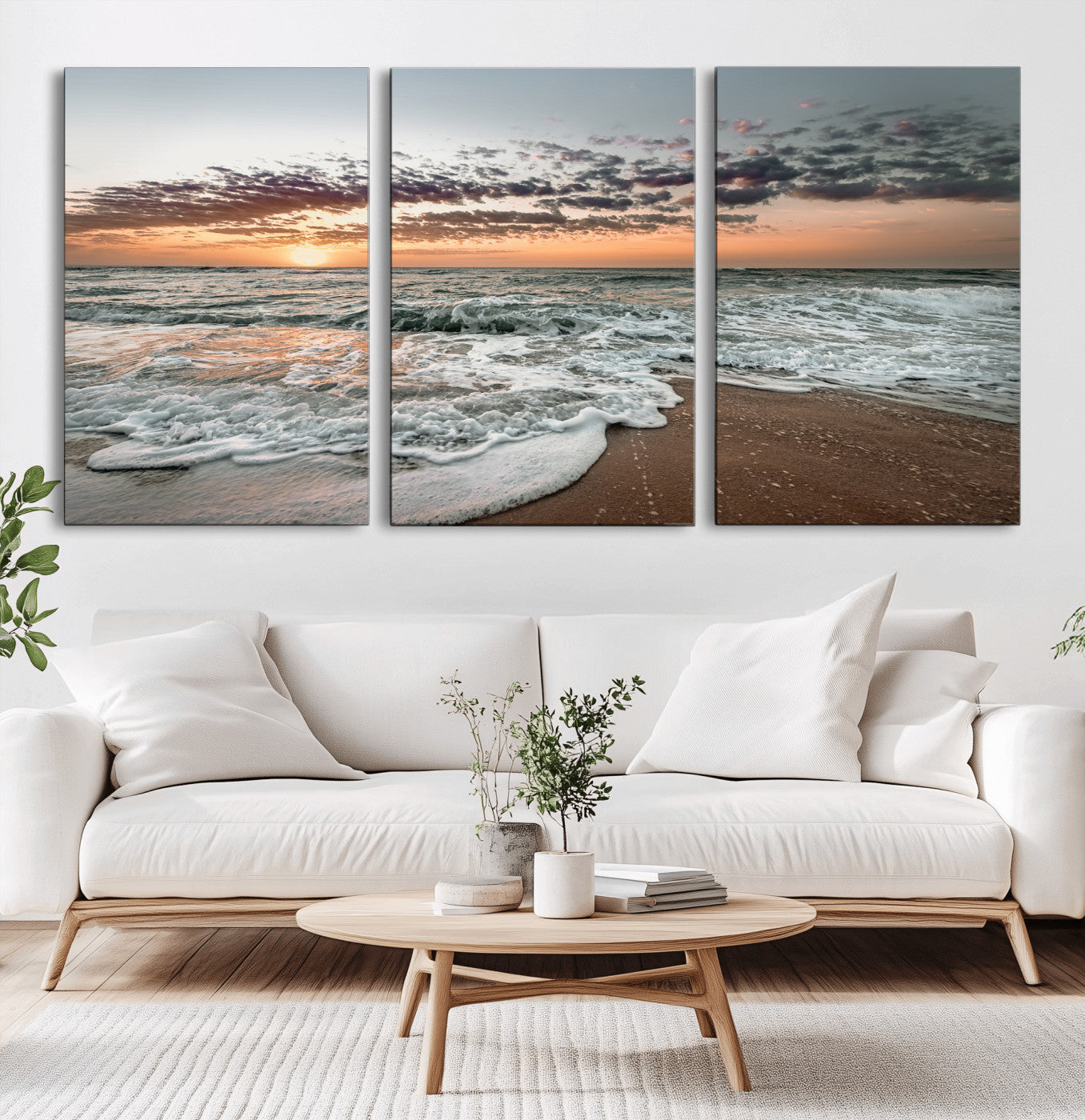 Ocean Sunset Wall Art Print - Beach Waves Canvas Print, featuring a serene seascape with golden sunlight reflecting on gentle waves, perfect for coastal and minimalist decor.
