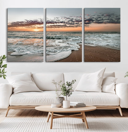 Ocean Sunset Wall Art Print - Beach Waves Canvas Print, featuring a serene seascape with golden sunlight reflecting on gentle waves, perfect for coastal and minimalist decor.