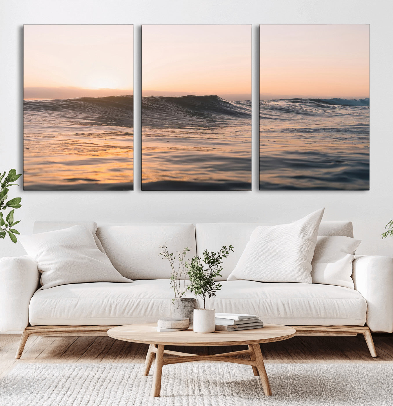 Framed canvas of ocean waves glowing in sunset light, ideal for golden hour calm or peaceful coastal-inspired wall decor.