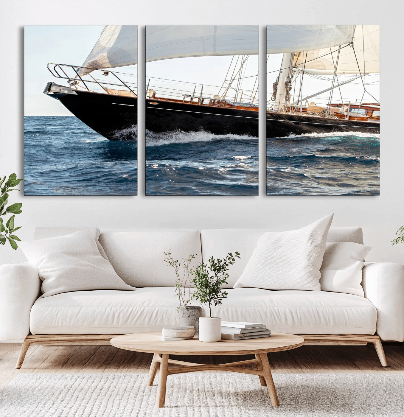 Close-up of a classic sailing yacht with wooden deck and full sails, perfect for nautical or coastal-style decor in ocean-themed spaces.