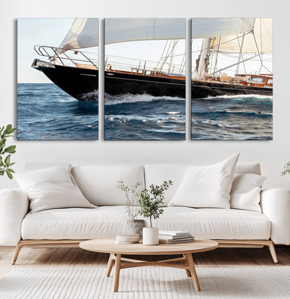 Close-up of a classic sailing yacht with wooden deck and full sails, perfect for nautical or coastal-style decor in ocean-themed spaces.