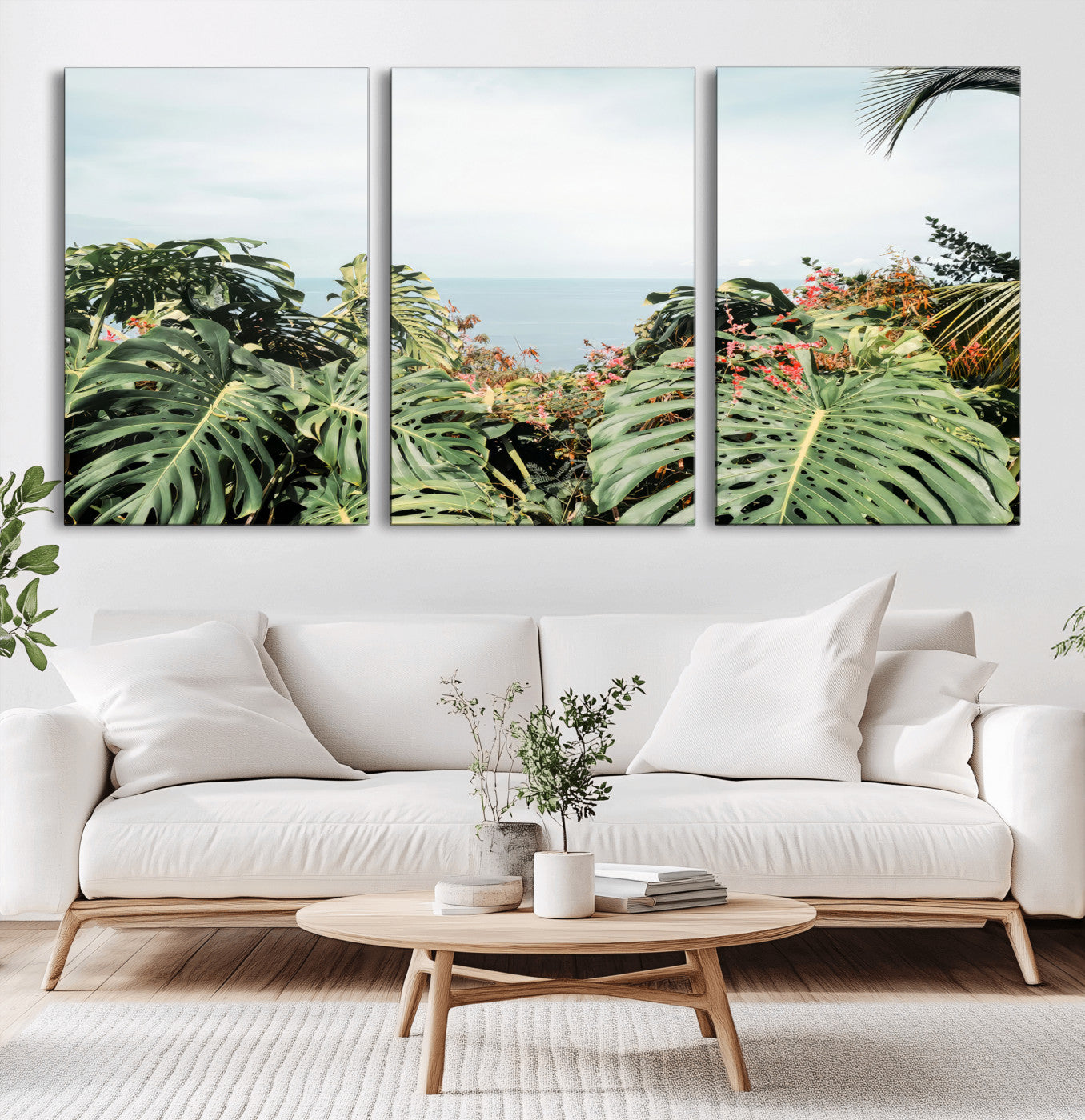 Monstera leaves and tropical flowers framing a calm ocean view, ideal for tropical coastal or exotic jungle-style interior wall decor.