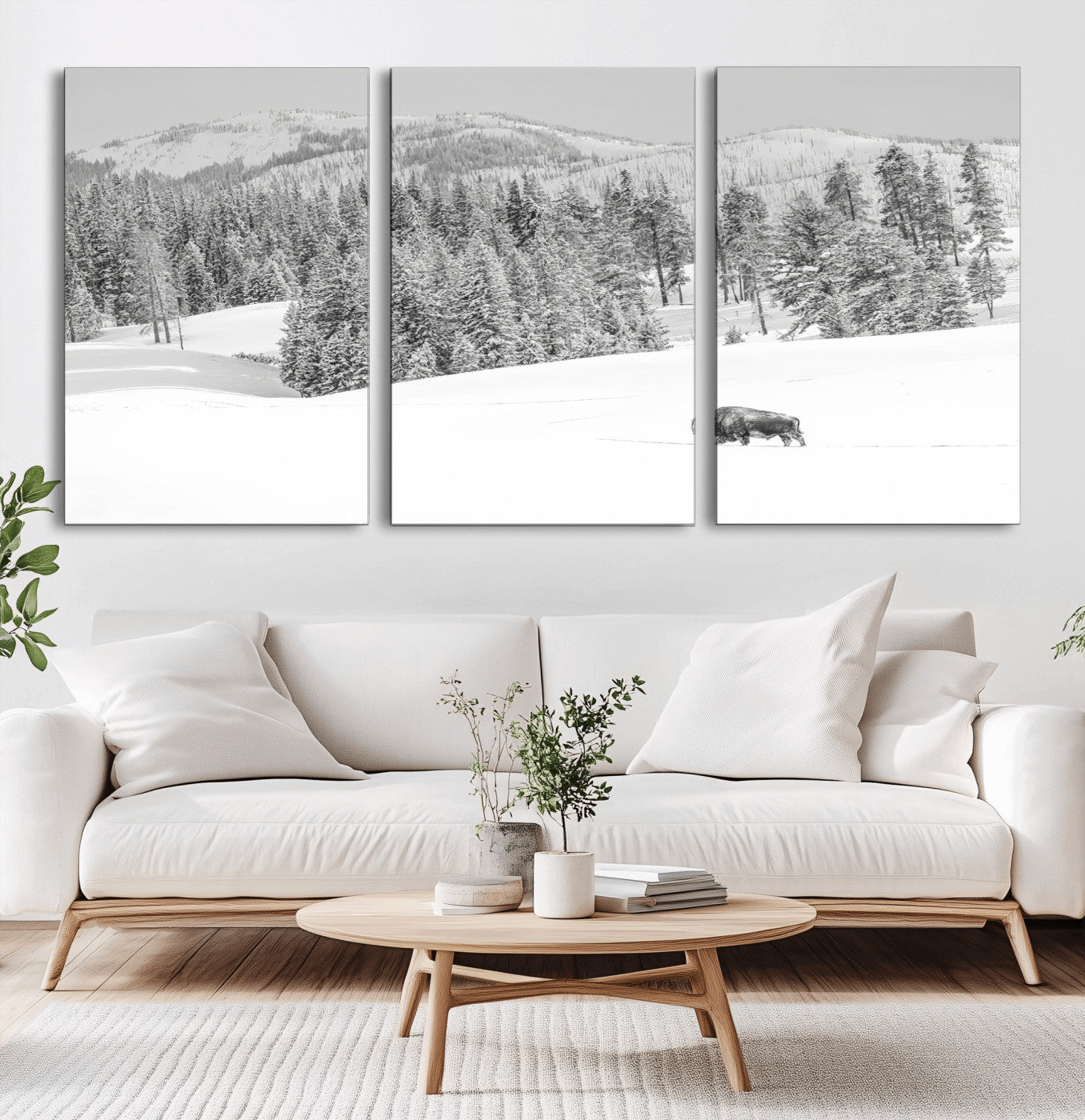 Snowy bison walking through white forest landscape, ideal for monochrome winter or wilderness-style interior wall decoration.