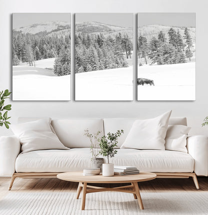 Snowy bison walking through white forest landscape, ideal for monochrome winter or wilderness-style interior wall decoration.