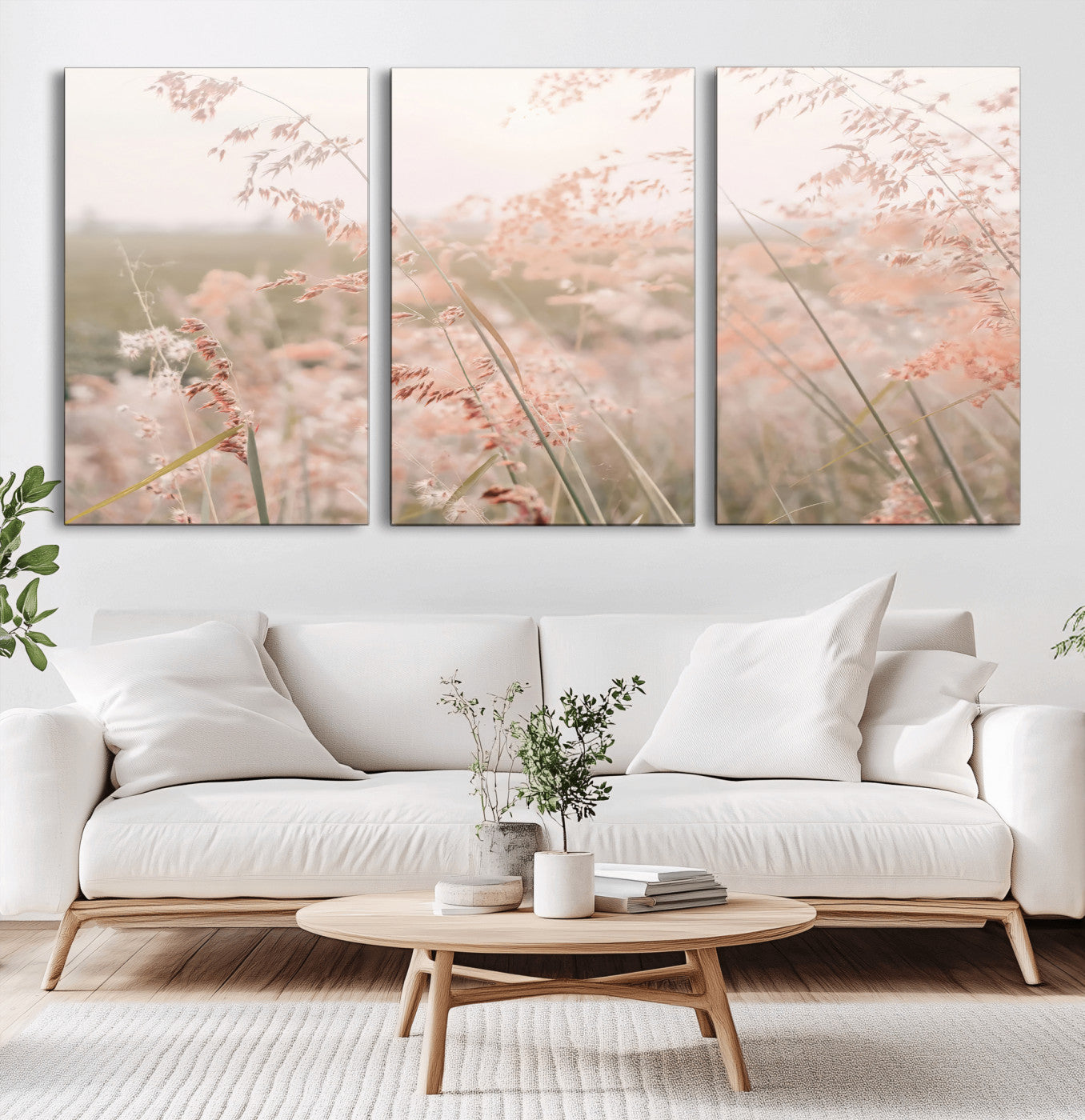 Soft pastel field with wild grasses in warm light, ideal for minimal nature or airy countryside-inspired interior wall decoration.