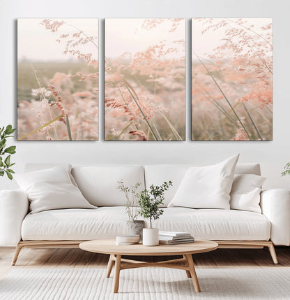 Soft pastel field with wild grasses in warm light, ideal for minimal nature or airy countryside-inspired interior wall decoration.