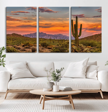 Vibrant desert sunset with saguaro cacti and distant mountains, perfect for Southwestern or warm-toned home decor.