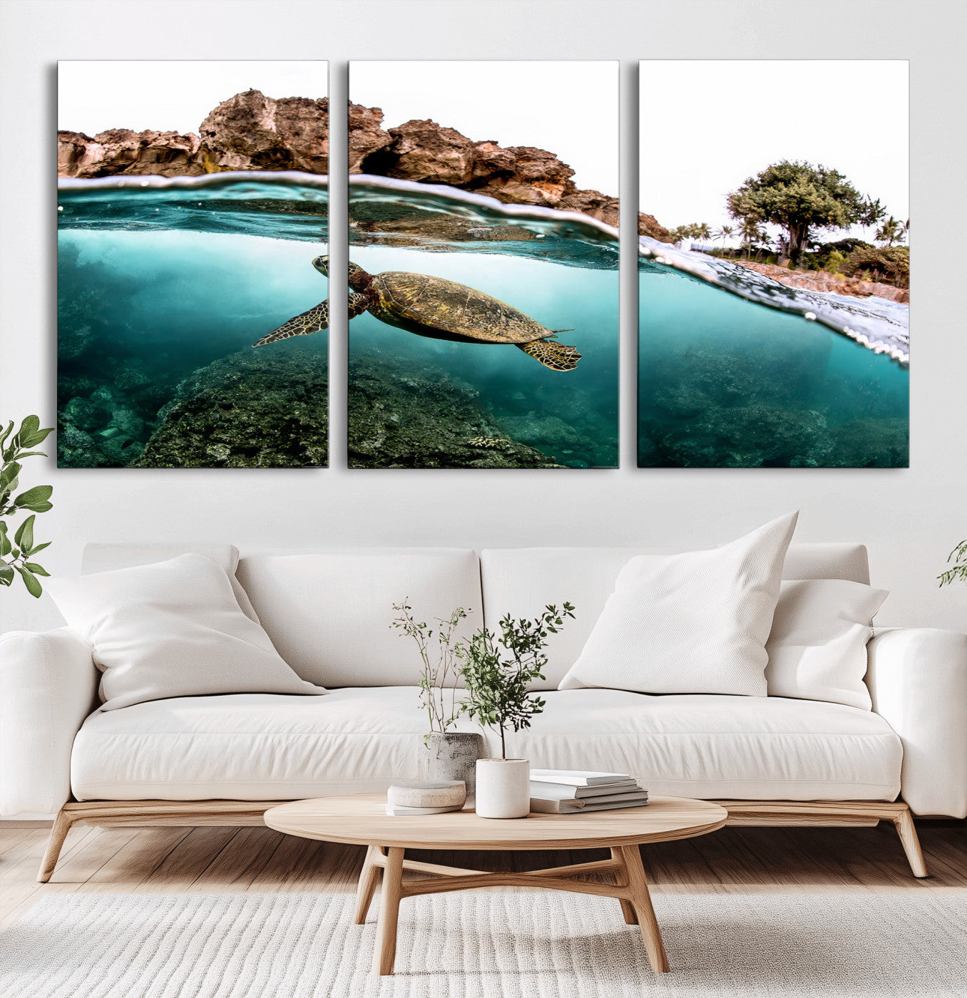 Dynamic split-view photo of a sea turtle swimming near rocky shores, perfect for vibrant coastal or tropical beach home decor.
