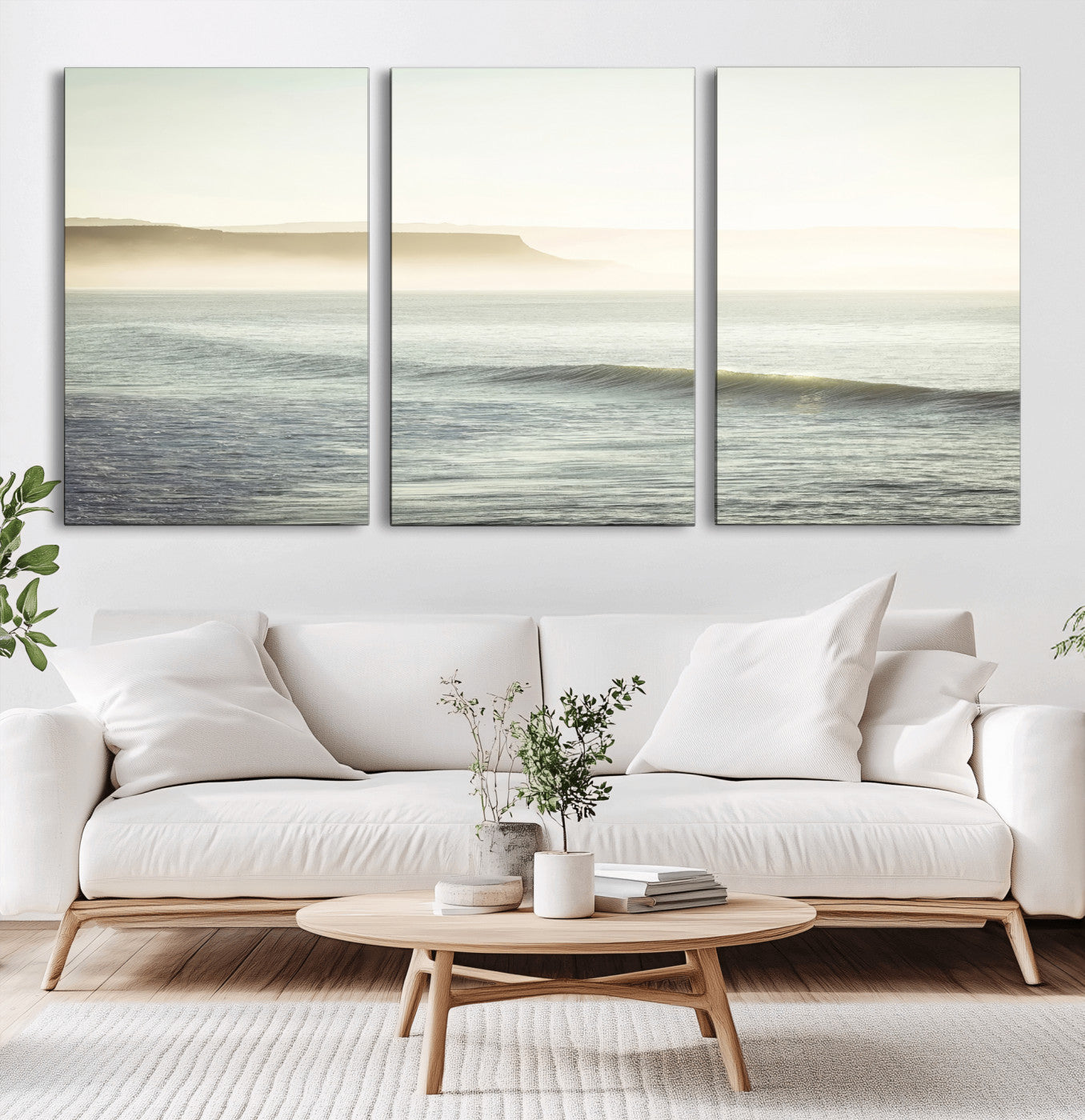Canvas of a misty ocean scene with coastal cliffs and soft neutral tones, ideal for Scandinavian coastal or minimalist nature-inspired home decor.