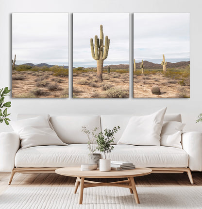 Canvas of a saguaro cactus in an earthy Sonoran desert landscape, ideal for Southwestern Boho or desert minimalism inspired home decor.   2/2