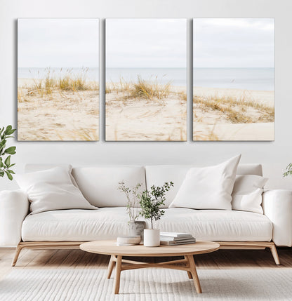 Canvas of soft beach dunes and coastal grasses in neutral tones, perfect for Scandinavian coastal or minimalist nature-inspired home decor.   2/2