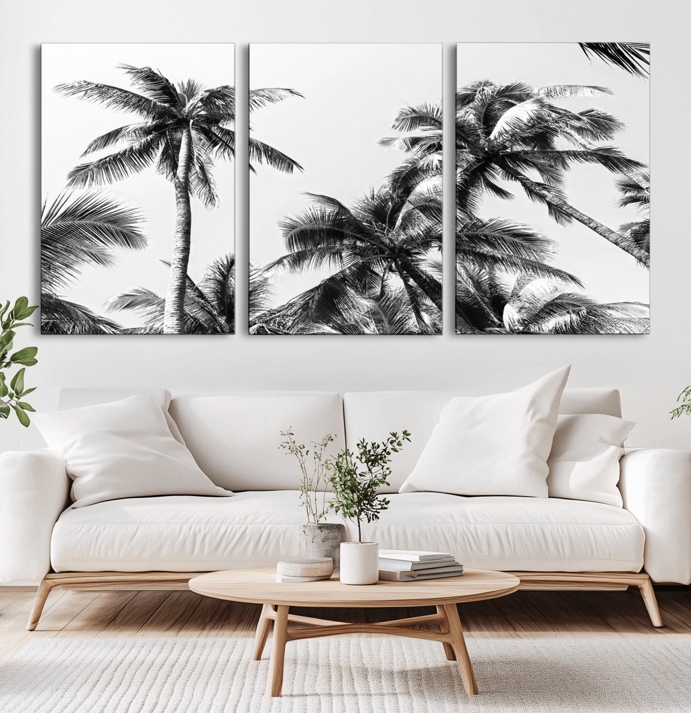 Black and white canvas of tall palm trees in moody tones, perfect for modern tropical minimalist or coastal-style home decor.