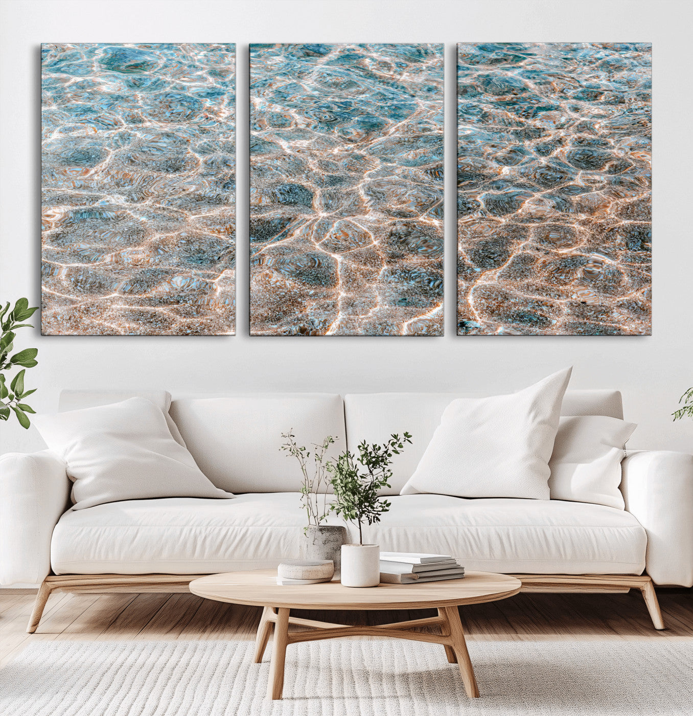 Close-up of sunlit ocean ripples with aqua blue and golden tones, ideal for modern coastal or minimalist home decor.