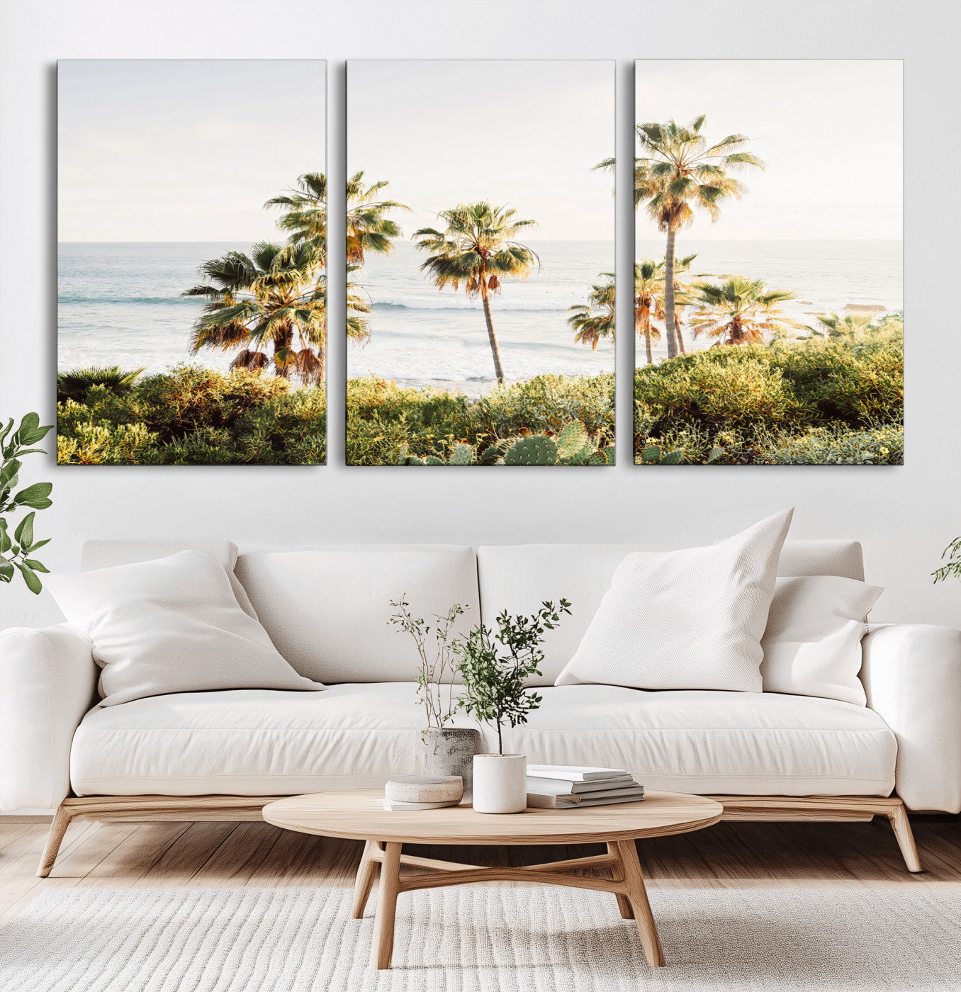 Framed print of sunlit palm trees on the California coast with warm tones, perfect for coastal minimalist or beach-style home decor.